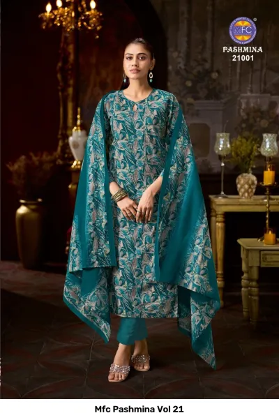 Mfc Pashmina Vol 21, teal printed salwar suit with matching dupatta and trousers in a formal studio setting.