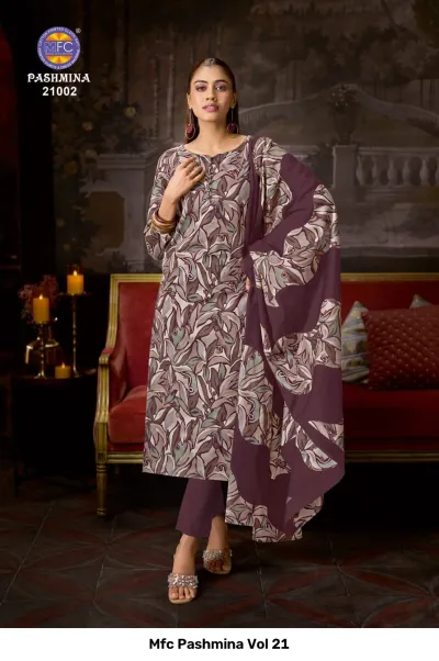 Mfc Pashmina Vol 21, maroon and grey leaf-patterned printed salwar suit with matching dupatta and solid-colored trousers.