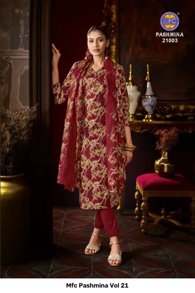 Mfc Pashmina Vol 21, maroon and gold floral printed salwar suit with matching dupatta and trousers.