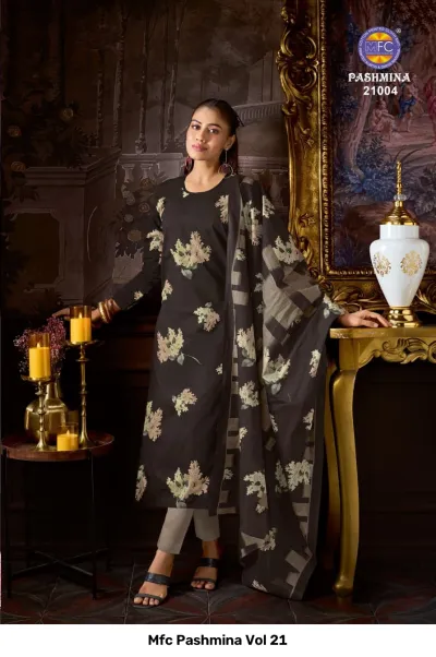 Mfc Pashmina Vol 21, black and grey floral printed salwar suit with dupatta and neutral-toned trousers.