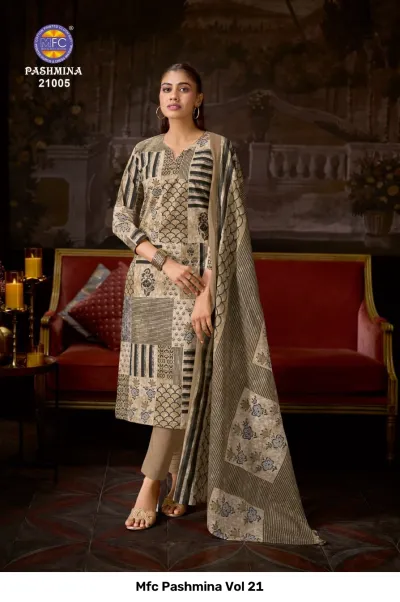 Mfc Pashmina Vol 21, beige and brown geometric and floral patchwork printed salwar suit with matching dupatta and trousers.