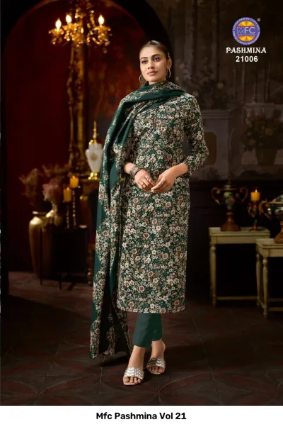 Mfc Pashmina Vol 21, dark green floral printed salwar suit with matching dupatta and solid trousers.