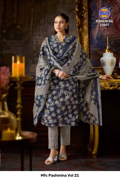 Mfc Pashmina Vol 21, dark blue star-patterned printed salwar suit with striped dupatta and trousers.