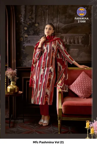 Mfc Pashmina Vol 21, red, white, and black striped and abstract printed salwar suit with matching dupatta and red trousers.