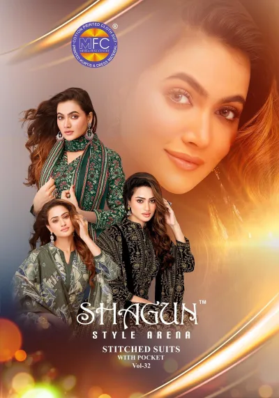 Mfc Shagun Vol 32 catalog cover featuring multiple models wearing different printed stitched salwar suit sets.