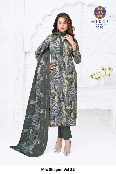 Mfc Shagun Vol 32 grey and blue leaf printed stitched salwar suit.