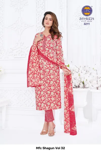 Mfc Shagun Vol 32 red and cream floral embroidered-look printed stitched salwar suit.
