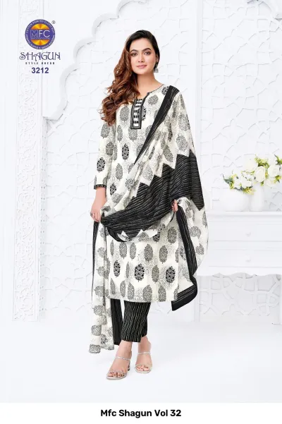 Mfc Shagun Vol 32 cream and black leaf printed stitched salwar suit.