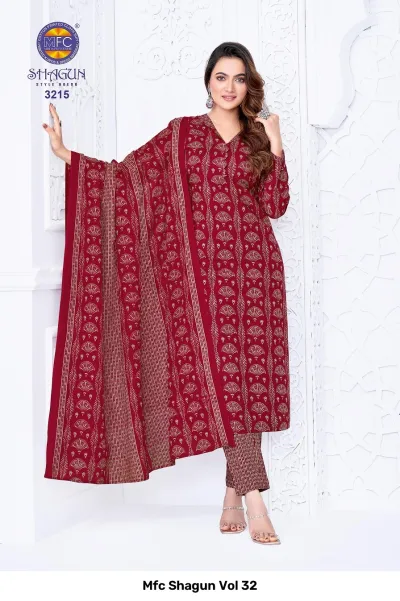 Mfc Shagun Vol 32 red stitched salwar suit with gold-tone fan-shaped print pattern.