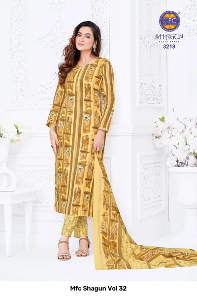 Mfc Shagun Vol 32 yellow striped stitched salwar suit with floral details.