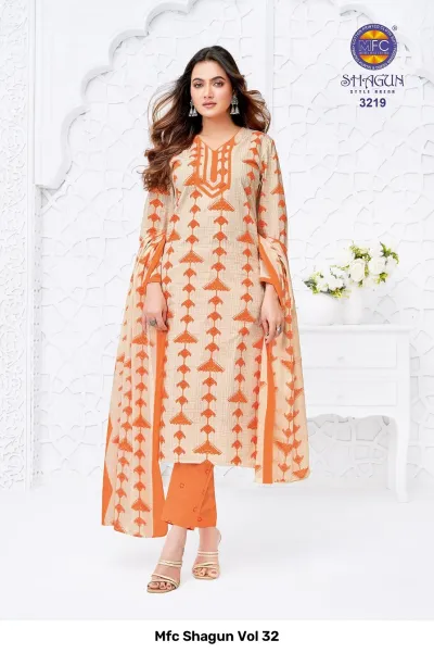 Mfc Shagun Vol 32 beige and orange geometric print stitched salwar suit.