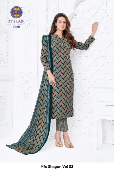 Mfc Shagun Vol 32 charcoal and orange chevron print stitched salwar suit.