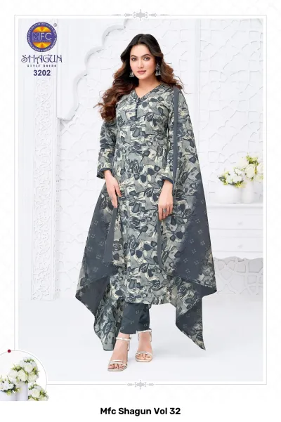 Mfc Shagun Vol 32 grey stitched salwar suit with abstract floral print pattern.