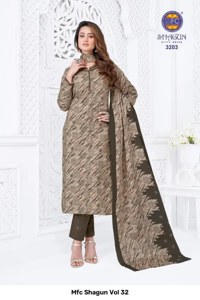 Mfc Shagun Vol 32 brown stitched salwar suit with ikat-style printed pattern.