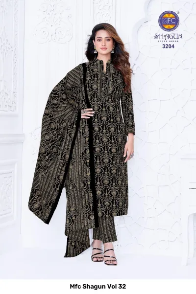 Mfc Shagun Vol 32 black stitched salwar suit with traditional gold-tone printed pattern.