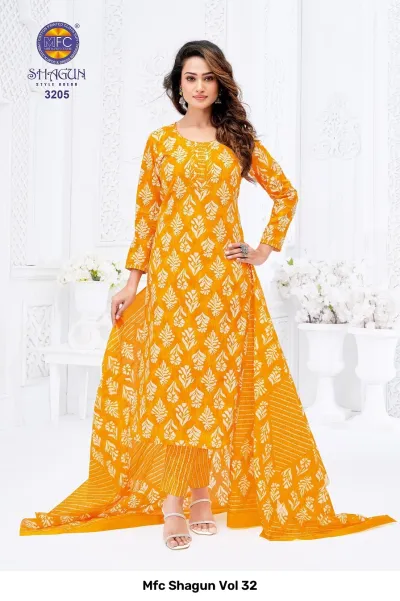 Mfc Shagun Vol 32 yellow stitched salwar suit with white leaf print pattern.
