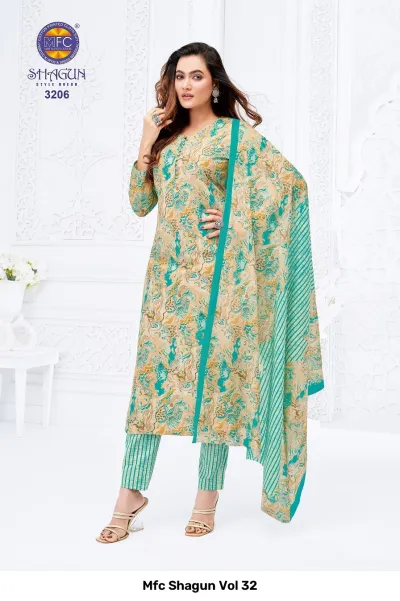 Mfc Shagun Vol 32 teal and beige abstract printed stitched salwar suit.