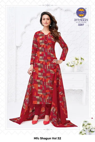 Mfc Shagun Vol 32 red and brown geometric block print style stitched salwar suit.