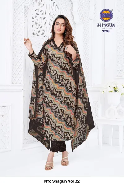 Mfc Shagun Vol 32 black and multicolored wavy line print stitched salwar suit.