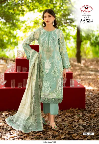 Mishri Aarzu Vol 3: Mint green printed cotton salwar suit with floral patterns and matching printed dupatta, featuring delicate embroidery details.