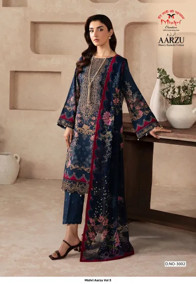 Mishri Aarzu Vol 3: Navy blue printed cotton salwar suit with floral patterns and a matching dupatta, featuring intricate embroidery work.