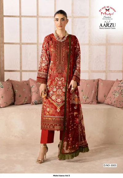 Mishri Aarzu Vol 3: Red printed cotton salwar suit with ornate floral patterns and detailed embroidery on the bodice, paired with a matching dupatta.