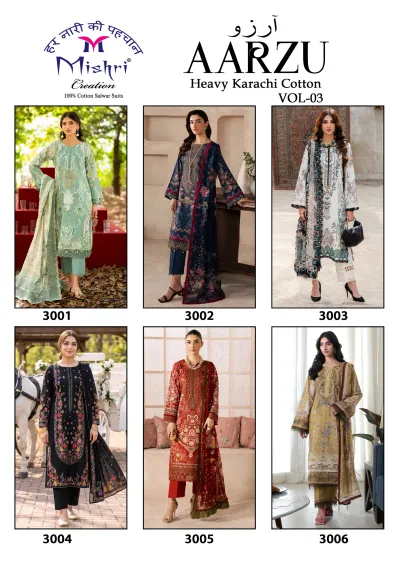 Mishri Aarzu Vol 3: Catalog collage displaying various designs of cotton salwar suits in different colors and prints from the Vol 3 collection.