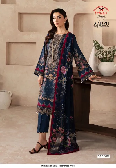 Mishri Aarzu Vol 3 - Readymade Dress, dark blue cotton salwar suit with floral print and embroidery on the kurti front.