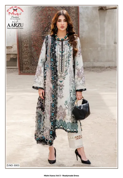 Mishri Aarzu Vol 3 - Readymade Dress, white and black printed cotton salwar suit with decorative lace border and matching dupatta.