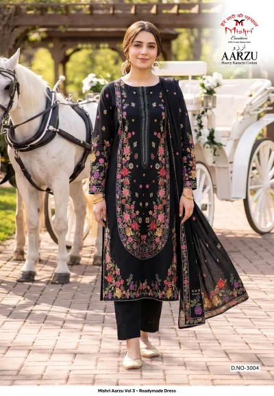Mishri Aarzu Vol 3 - Readymade Dress, black cotton salwar suit with colorful floral thread work embroidery and matching dupatta.