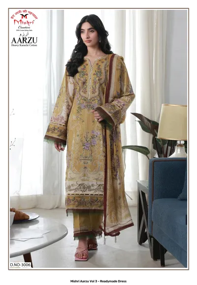 Mishri Aarzu Vol 3 - Readymade Dress, mustard yellow printed cotton salwar suit with floral patterns and matching dupatta.