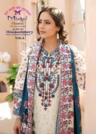 Mishri Mausummery Vol 6, model wearing a cream-colored cotton salwar suit with a floral printed kurta, dark blue dupatta, and intricate thread work.