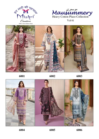 Mishri Mausummery Vol 6, catalog collage showing six different cotton salwar suit designs from the collection, featuring various prints and colors.