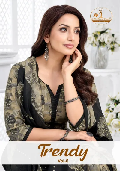 Miss World Trendy Vol 6, a woman wearing a black and beige floral printed kurti and dupatta with a plain neckline.