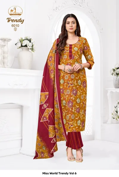 Miss World Trendy Vol 6, a mustard yellow kurti with floral print, paired with a maroon printed dupatta and striped salwar.