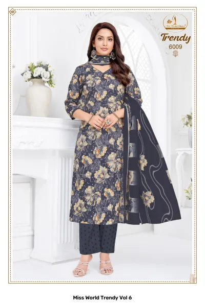 Miss World Trendy Vol 6, a dark grey kurti with a floral print, matching dupatta, and a patterned salwar.