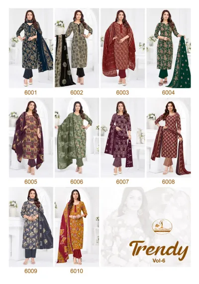 Miss World Trendy Vol 6, a catalog collage showcasing ten different printed kurti salwar suit sets in various colors and designs.