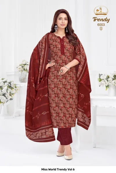Miss World Trendy Vol 6, a maroon printed kurti, matching salwar, and patterned dupatta with a geometric box design.