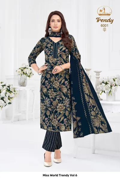 Miss World Trendy Vol 6, a dark blue kurti featuring a floral print, paired with a matching printed dupatta and striped salwar.