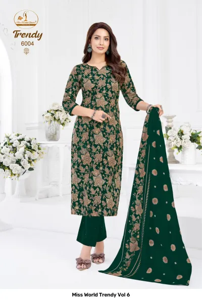 Miss World Trendy Vol 6, a dark green kurti with floral print, matching solid green salwar, and a floral patterned dupatta.
