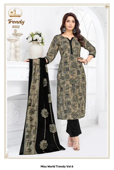 Miss World Trendy Vol 6, a beige and black floral printed kurti with a black dupatta and matching striped salwar.