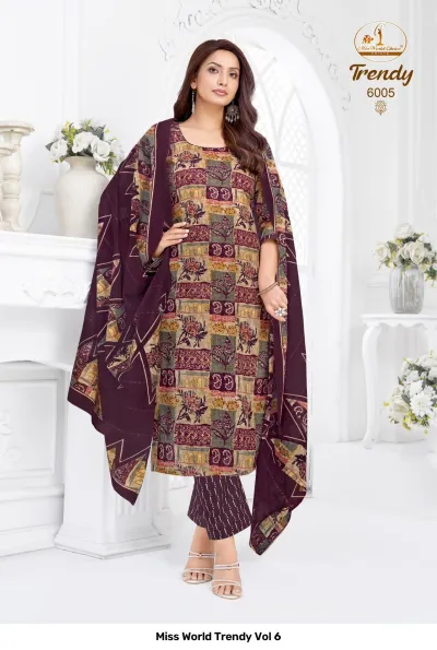 Miss World Trendy Vol 6, a brown and cream geometric and floral printed kurti with a deep purple printed dupatta.