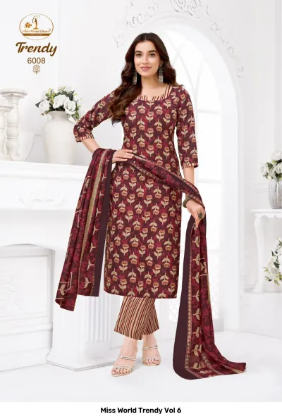 Miss World Trendy Vol 6, a maroon kurti with a small floral print, paired with a maroon dupatta and striped salwar.