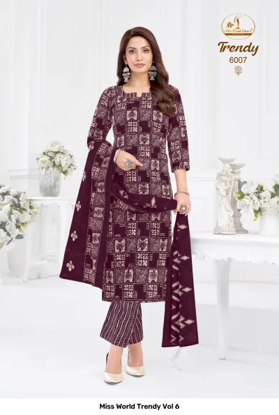 Miss World Trendy Vol 6, a dark purple kurti with a square geometric print, matching dupatta, and striped salwar.