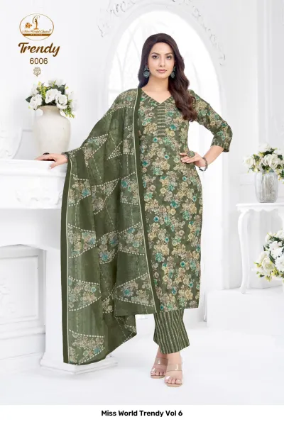 Miss World Trendy Vol 6, a dark olive green kurti with a dense floral print, matching dupatta, and striped salwar.