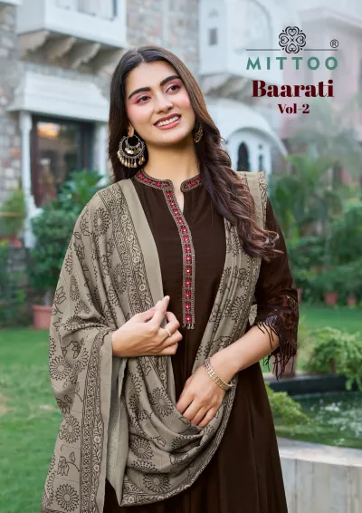 Mittoo Baarati Vol 2: Brown kurti with thread work neckline, paired with a beige printed dupatta. Featured as part of a salwar suit set.