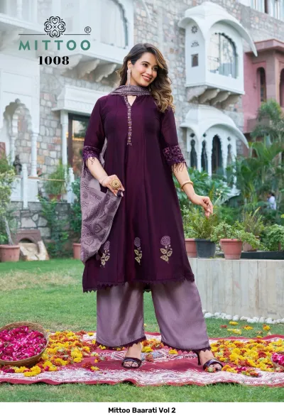 Mittoo Baarati Vol 2: Deep purple salwar suit with floral print hem, embroidery, and a matching patterned dupatta.