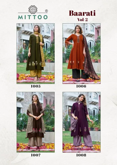 Mittoo Baarati Vol 2: Catalog collage showing four different salwar suit designs featuring kurti, palazzo pants, and dupatta sets.