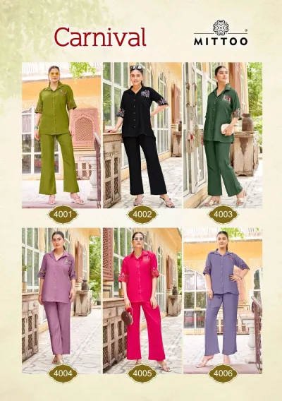 Mittoo Carnival catalog collage showing six different button-down shirt and trouser sets in various colors with floral thread embroidery on pockets and sleeves.