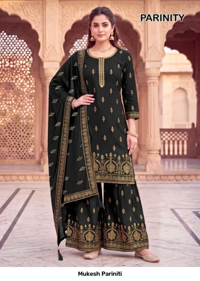 Mukesh Pariniti black salwar suit set comprising a kurta, sharara, and dupatta, decorated with gold printed designs and zari work.